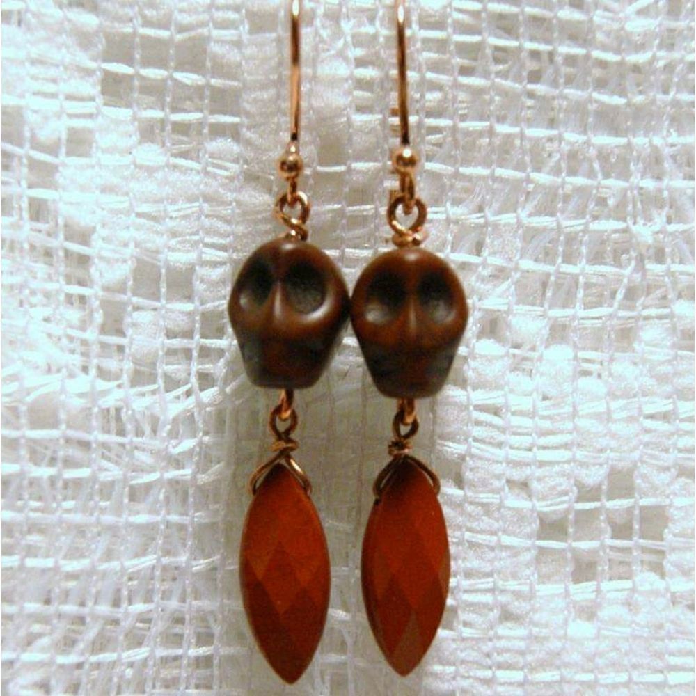 Handmade Brown Howlite Skulls & Faceted Jasper Gemstone Dangle Earrings